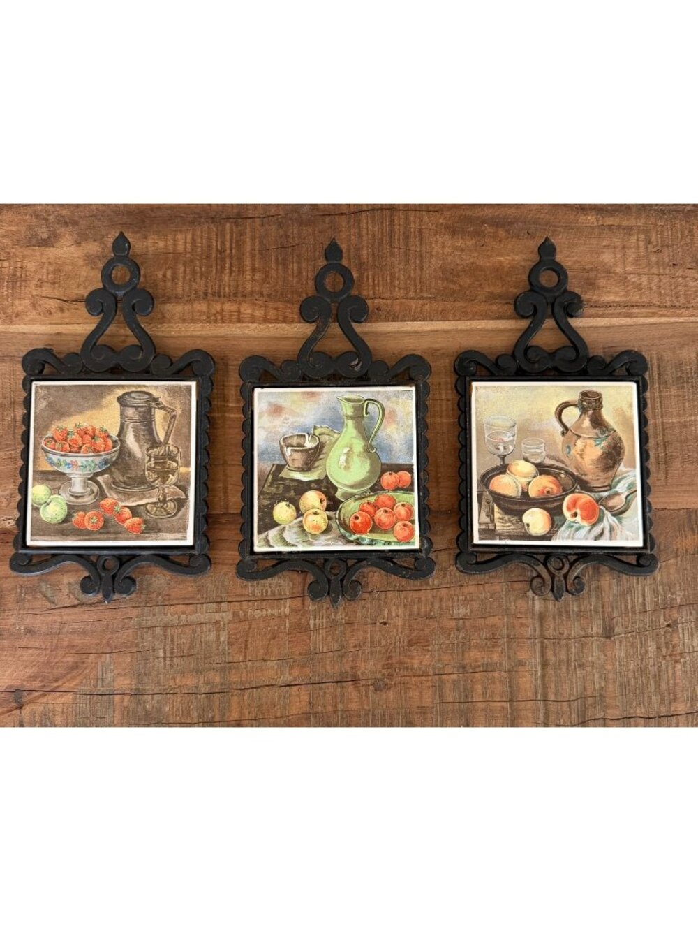 3 Vintage Enesco Cast Iron Tile Trivets Wall Art Still Life Fruit Made In Japan